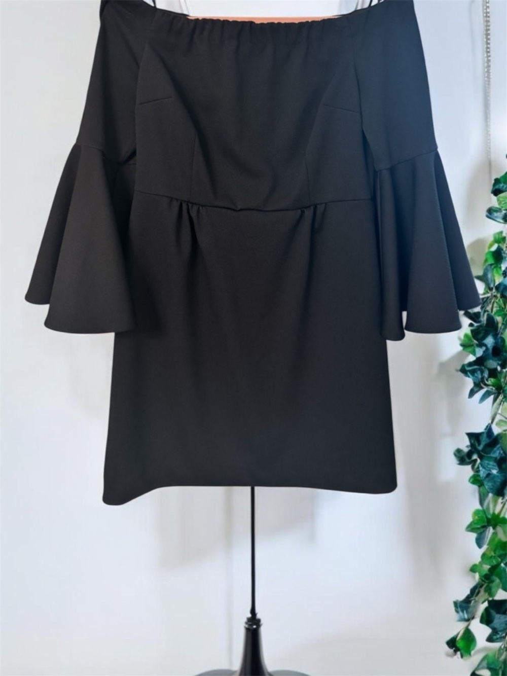 Trina Turk Black Off-Shoulder Bell-Sleeve Mini Dress